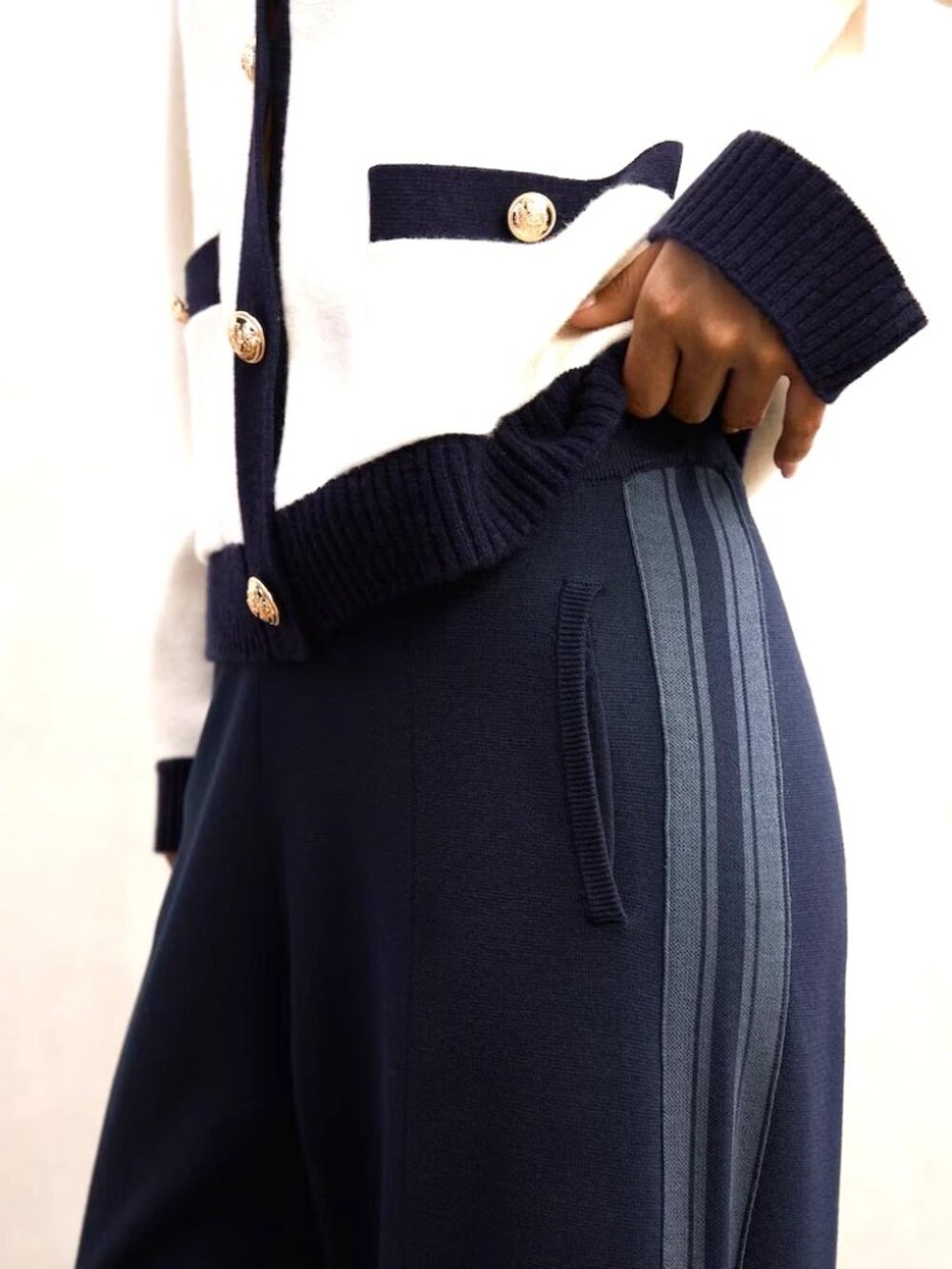 Reiss Womens Pants Size Medium Navy Blue Knitted Side Stripe Wide Leg Trousers - Picture 2 of 9